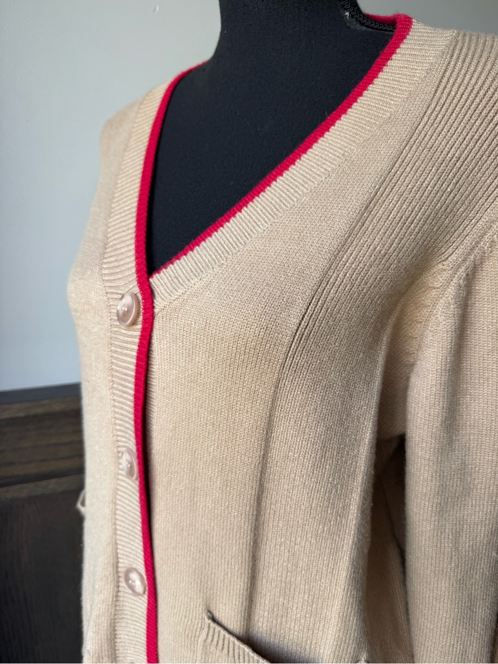 Beige Cardigan with Pink Trim V-Neck Button Front - Picture 2 of 7